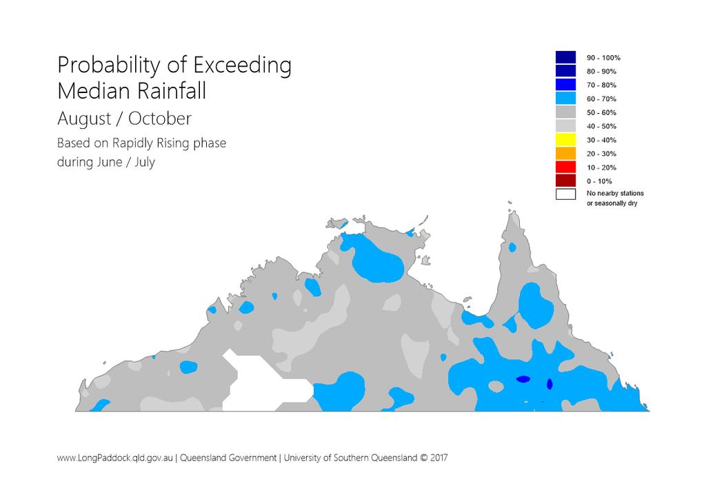 Figure 4: Northern Australia probability rainfall values, averaged over the threemonth period August to October 2018 of being above the long-term median for this time