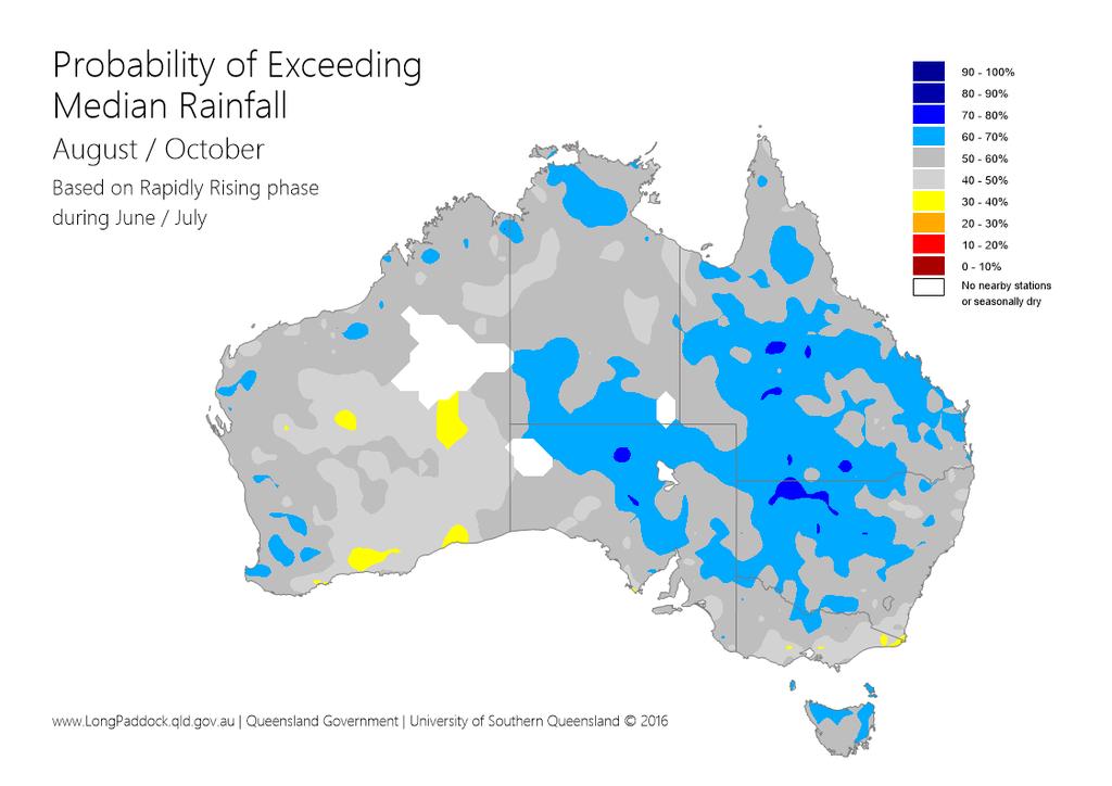 Figure 5: Forecast rainfall probability values for Australia for the overall period August to October 2018 (after Stone, Hammer and Marcussen, 1996).