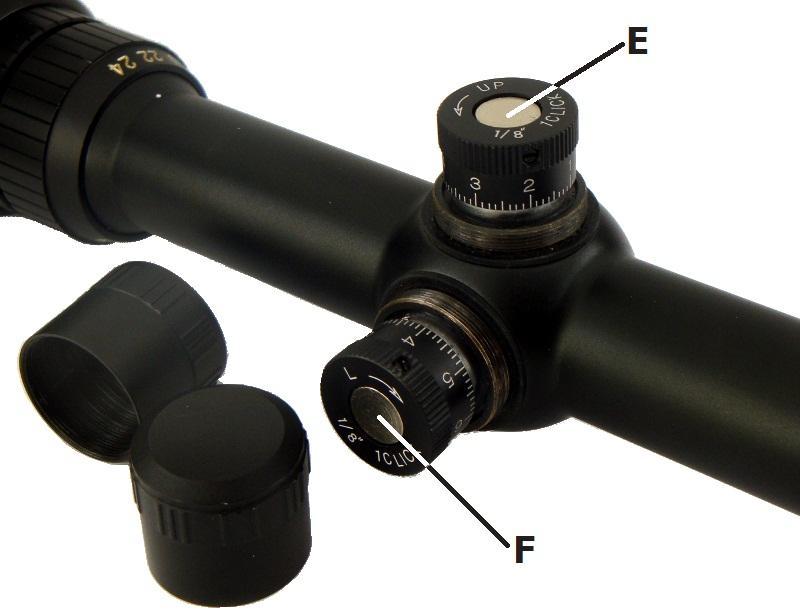 Windage and Elevation Adjustment Dials The Shooter II scopes are equipped with Turret Caps installed over the Elevation and Windage Dials.