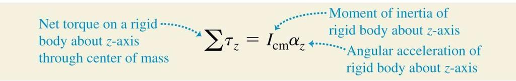 Combined translation and rotation: dynamics The acceleration of the center of mass of a rigid body is: The rotational motion about the center of mass is described by the rotational