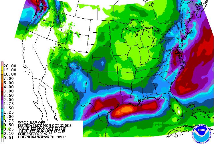 Weather The map displays Monday s seven-day rainfall forecast to next Monday. The forecast map projects heavy rains over central to southern Texas and Louisiana.