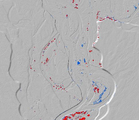 b) RTV LiDAR (1 m) predicted vegetation heights near the Soda Butte Creek and Lamar River confluence (blue = 1-4 m, red = >4 m). b) 4.2.