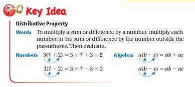 3.0 Distributive Property and Expressions Teacher Notes Distributive Property: To multiply a sum or difference by a number, multiply each number in the sum or difference by the number outside of the