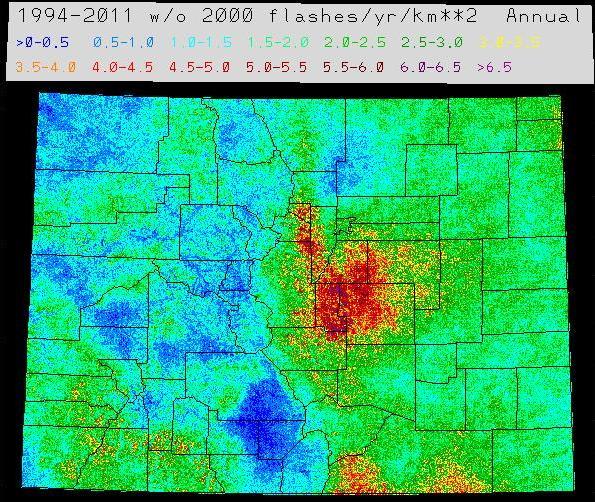 Notice the highest lightning density is from roughly from around Pikes Peak into the Front Range foothills and