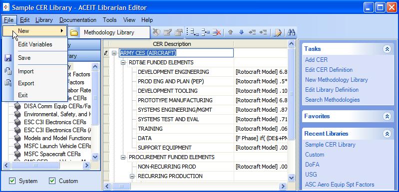 Creating a New Methodology Library User can add new CERs to an existing custom library or create