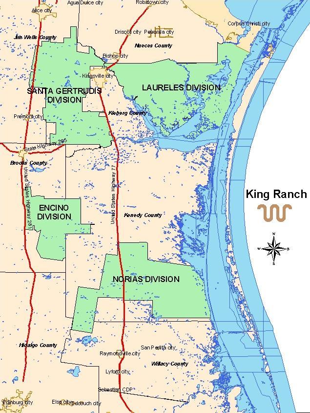 King Ranch Land in South Texas This map was obtained from the King Ranch Website: http://www.kingranch.com/visit/maps/.