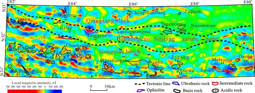 Fig. 2. Local magnetic anomaly map of Gaize-Nima Area in Qinghai-Tibet plateau. Fig. 3. Regional magnetic anomaly map of Gaize-Nima Area in Qinghai-Tibet plateau. Fig. 4.