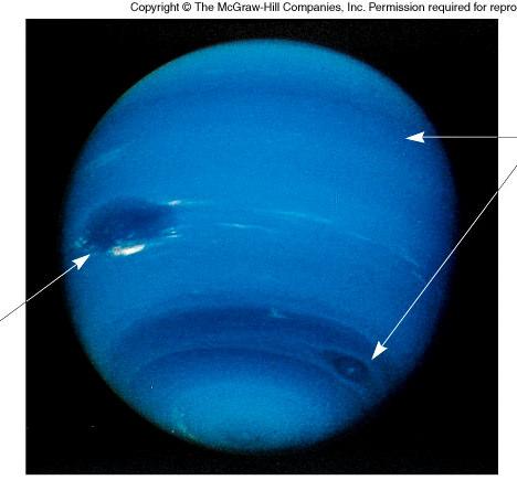 Neptune is similar in size to Uranus Deep blue world with cloud bands and vortex structures the Great Dark Spot being, at one time, the