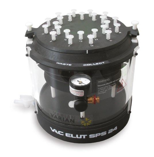 Vacuum Manifolds Vac Elut SPS 24 Manifold: Process up to 24 SPE Cartridges at the Same Time Closed operation prevents cross contamination Stainless steel tips deliver maximum extract purity Range of