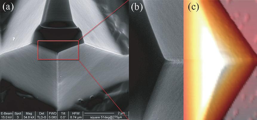 In figure 4 one can see the final shape of customized probe n 1, observed with an SEM microscope (figures 4(a) and (b)) and also with an AFM (figure