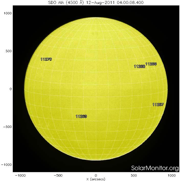 III. Sun Active regions (sunspot groups) 12 Aug. 2011 Sunspots are dark spots on the solar surface. The scale size of large sunspots are larger than that of the Earth.