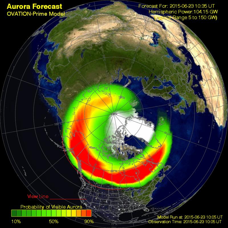 The increased K indices in Figure 7 will undoubtedly trigger warnings of aurora as forecasted in Figure 8. Figure 8 Aurora forecast A comment about these auroral forecasts is in order.