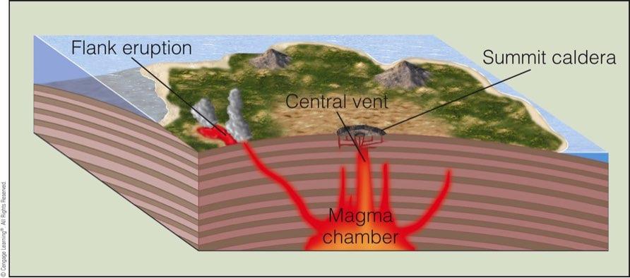 - Shield Volcanoes - Low, rounded profiles; slope angles 2-10 ; composed of numerous flows of mafic