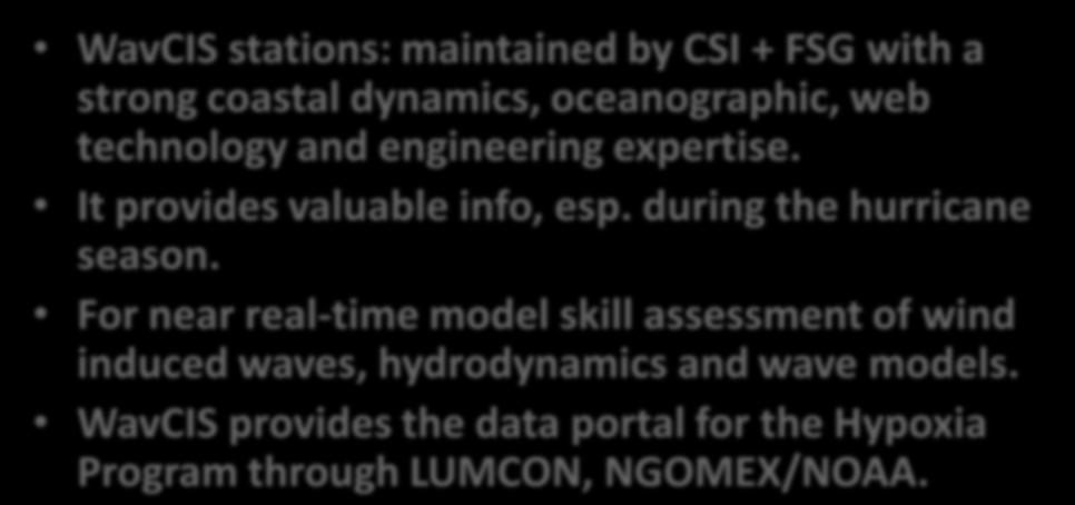 For near real-time model skill assessment of wind induced waves, hydrodynamics and wave models.