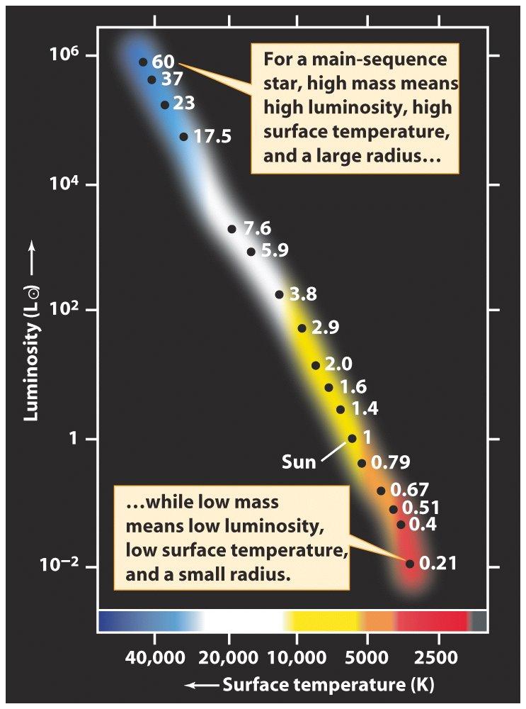 H-R diagram with masses Greater mass means greater central pressure & temperature and so greater luminosity.