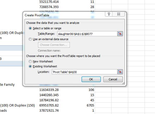 Figure 18. Creating a New PivotTable in Excel Place the pivot table in a new worksheet titled Pivot Table. Set the Pivot table settings exact to those shown in Figure 19 below.