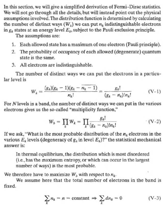 Derivation of Fermi-Dirac Statistics (Appendix) Possible # of electrons distributed (occupied) at an nergy