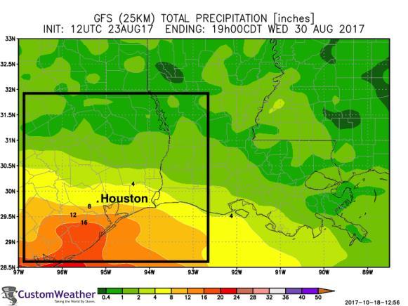Forecast (predicted) 7-day rainfall totals (inches) on the left and estimated observed (actually occurred) 7-day rainfall totals on the right for roughly the same period ~ 11PM CDT 23 rd AUG to ~11PM