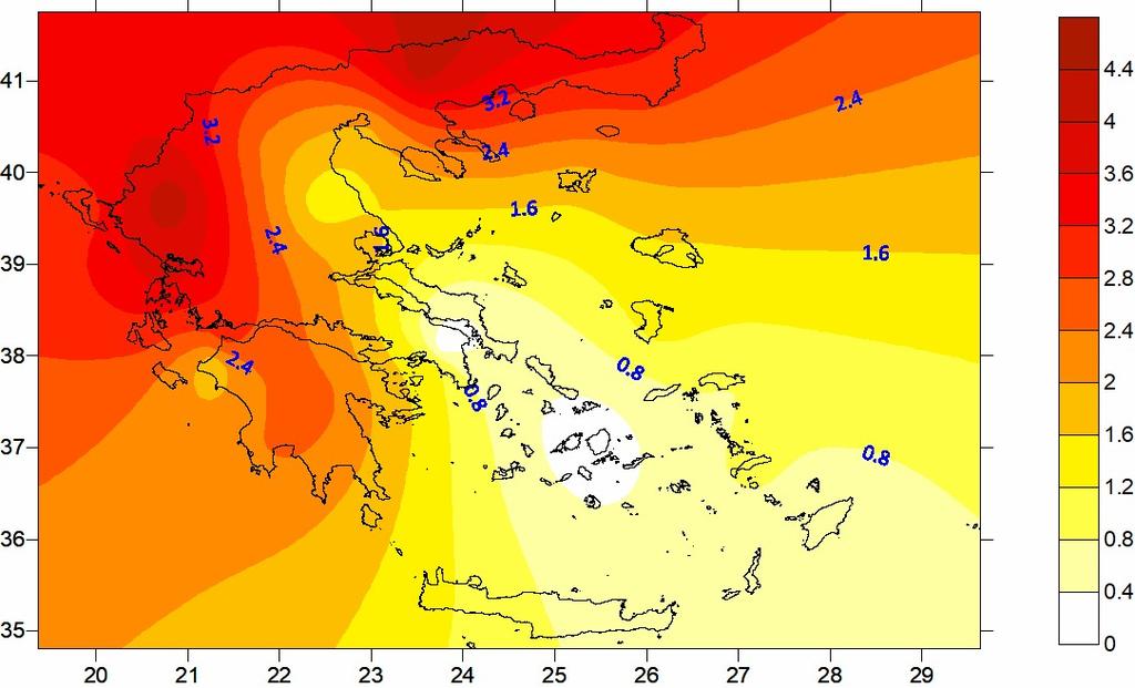 Figure 26. Max temperature anomalies ( C) for August2017 in Greece according to the 1971-2000 climatology.