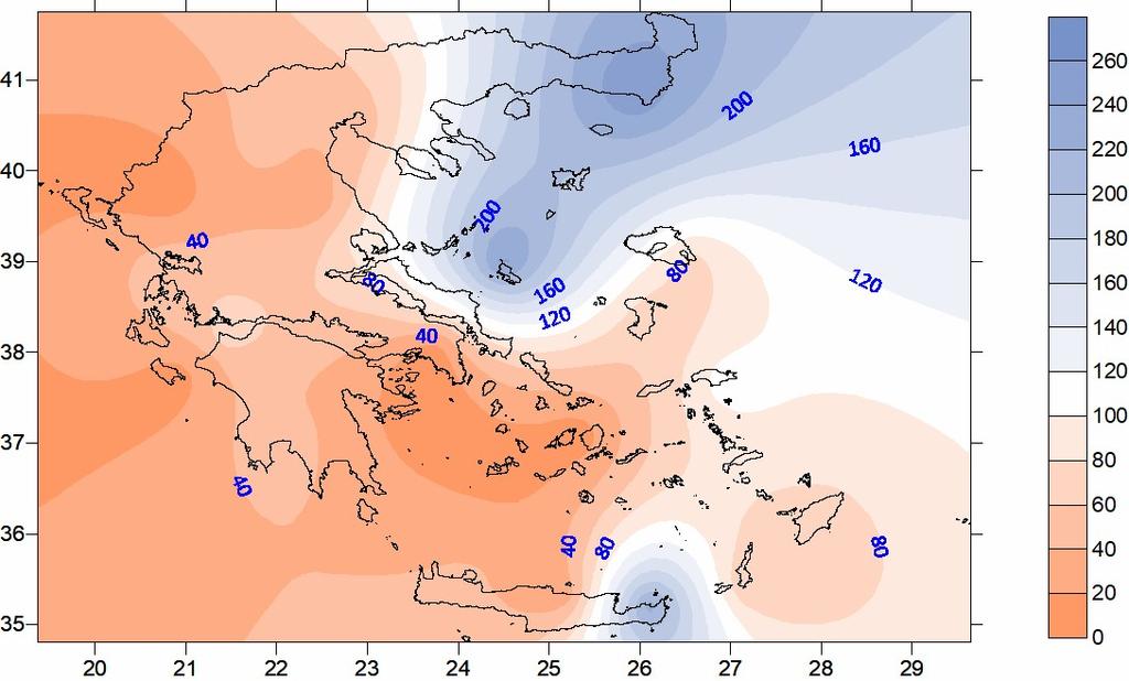 Precipitation anomalies indicate that northeast Greece and locally Crete received a total