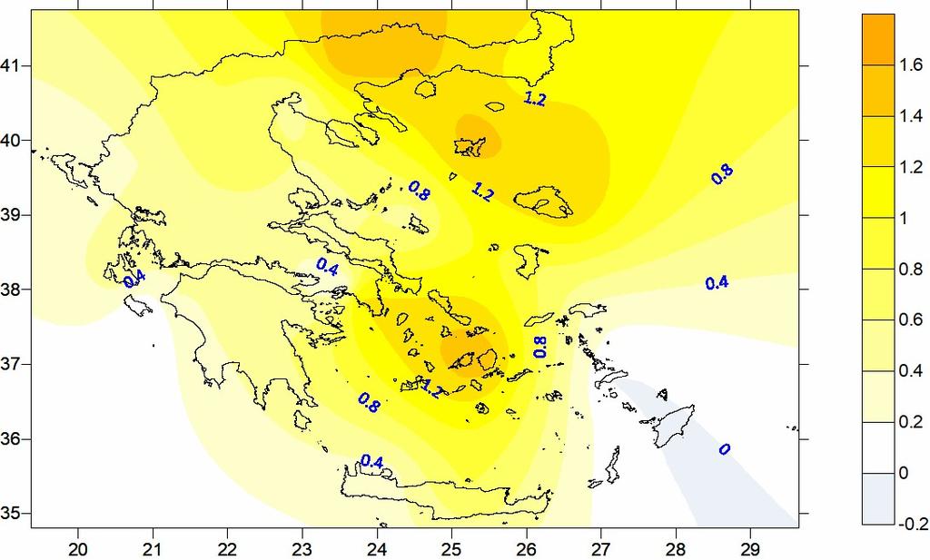 Figure 41. Max temperature anomalies ( C) for November 2017 in Greece according to the 1971-2000 climatology. Figure 42.