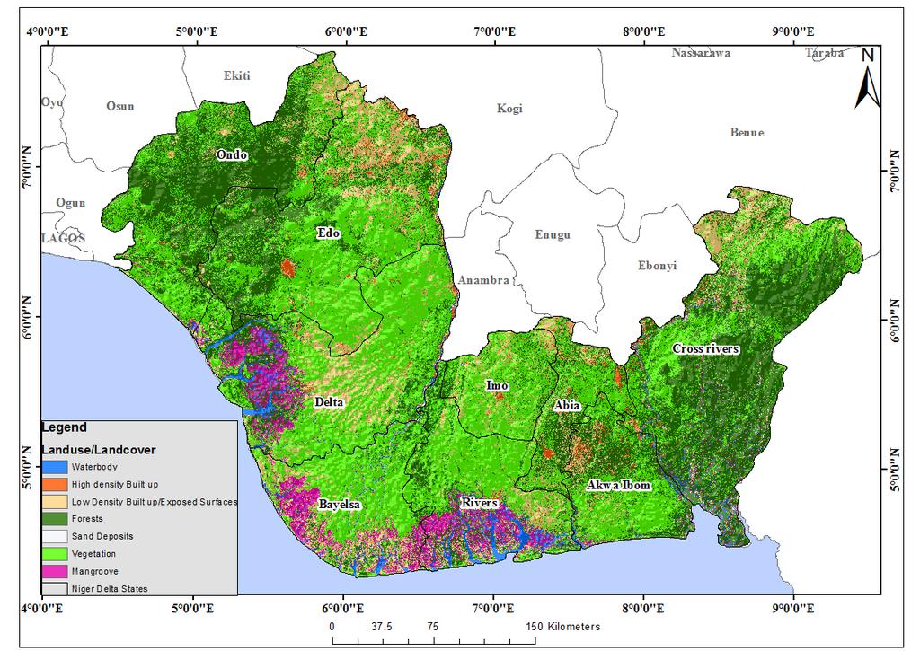 Figure 2: 1986 LULC Map of Niger Delta Region, Nigeria The map of figure 2 above shows the initial distribution of LULC of in 1986.