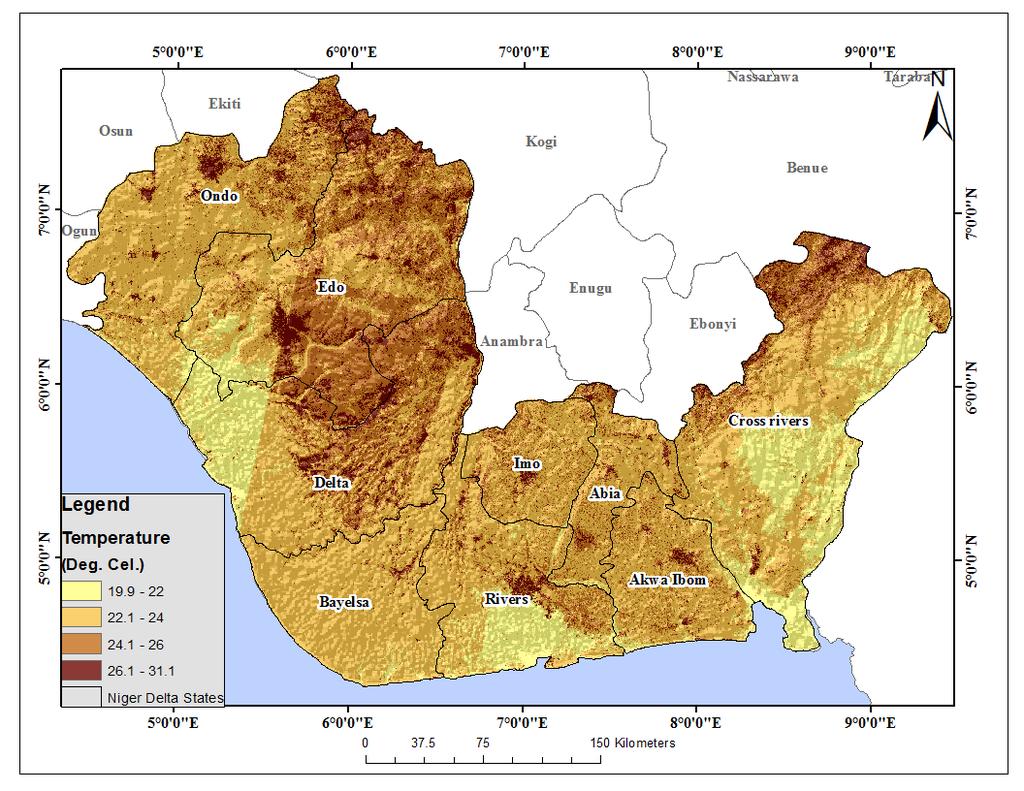 Figure 7: Map Showing the Spatial Pattern of LST Across Niger Delta States in 2016 The Result of LST assessment indicated that LST continued to increase across the 30years period.