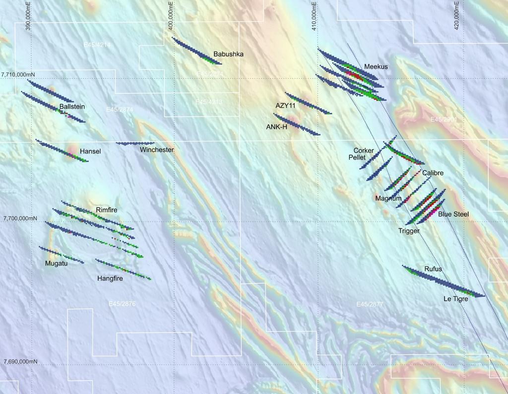 Figure 4: Citadel Project showing deposits, targets, IP survey Chargeability Pseudo-sections, highlighting multiple high priority IP chargeability anomalies along a 20 km NNW-SSE trending corridor in
