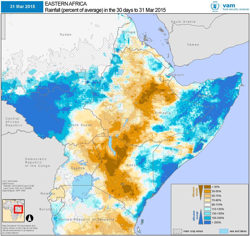 EAST AFRICA SEASONAL ANALYSIS 2015 March 2015 rainfall as a percentage of the 20- year average (left). Brown shades for belowaverage rainfall; blue shades for above-average seasonal rainfall.