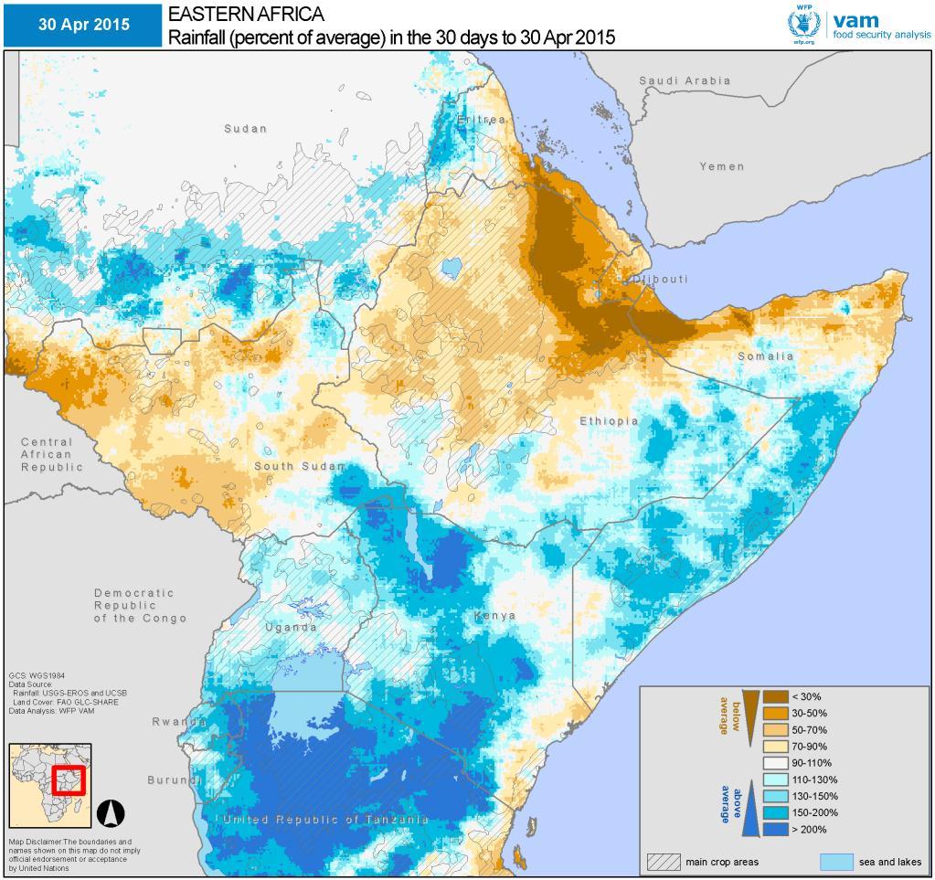 EAST AFRICA SEASONAL ANALYSIS 2015 April 2015 rainfall as a percentage of the 20-year average (left). Brown shades for below-average rainfall; blue shades for above-average seasonal rainfall.