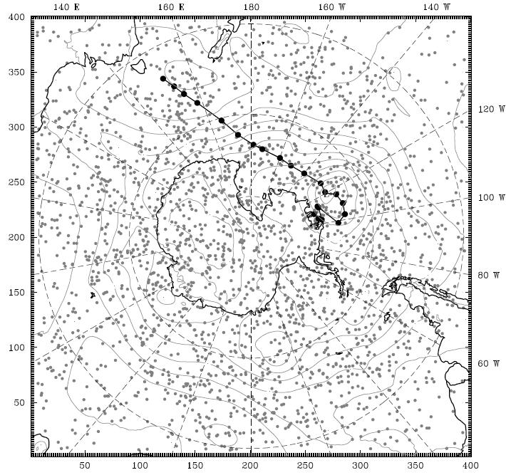 Model domain & GPS RO distribution u Track from ECMWF analysis (black-dot line) L 923hPa u Sea-Level Pressure decreases ~70 hpa
