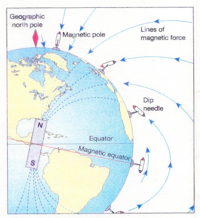 Earth s Magnetic Field Dip angle = 90 Dip angle = 0 Earth s magnetic field is toroidal, or donut-shaped A freely moving magnet lies horizontal at the equator, vertical at the poles, and points toward
