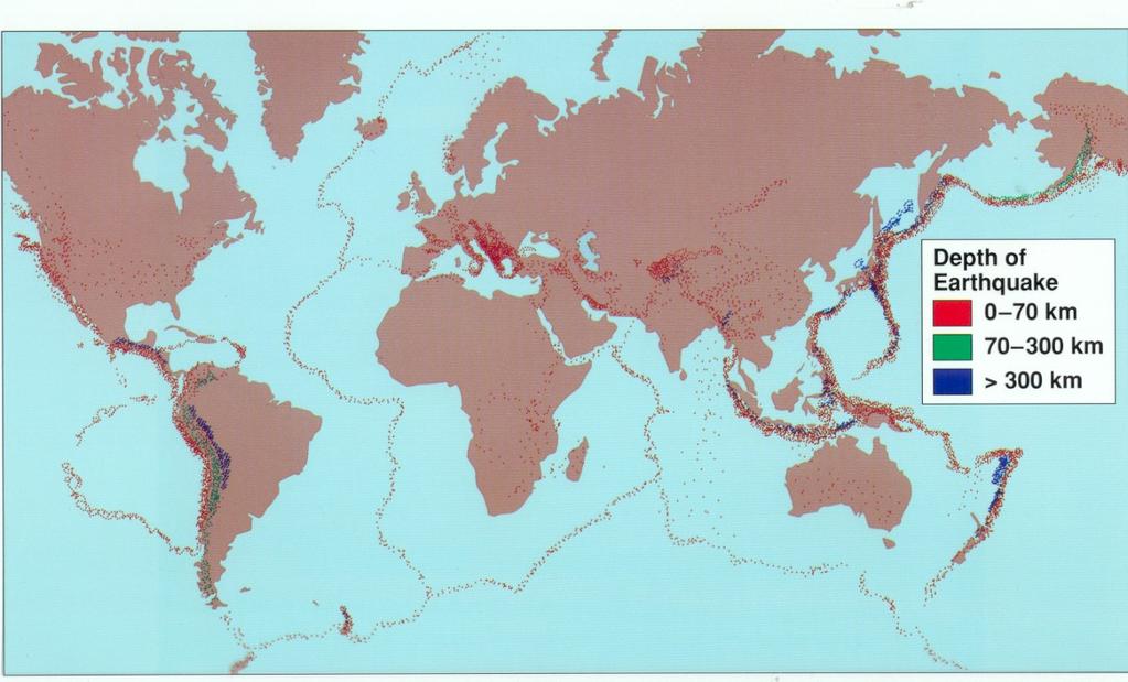 Global seismicity Zones of concentrated earthquakes were found in regions of crustal formation (spreading centres) and crustal destruction (subduction