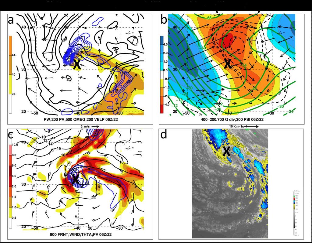TC Delta at 0600 UTC 22 Nov (T 12 h; Galarneau 2010) at initial warm core (a) 250 200 hpa PV (black contours at 1.0, 2.0, 3.0, 5.0, 7.0, and 10.0 PVU), 500 hpa ascent (solid blue contours every 3.