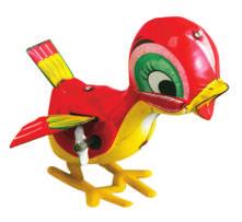 When you release the toy, the bird hops forward as the spring unwinds. The energy stored in the spring changes into kinetic energy.
