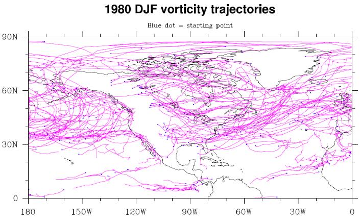 Figure 6A: Individual storm tracks from vorticity at 850hPa that last longer than 2 days and travel further than 1000 km over North America in the DJF season for 1980.