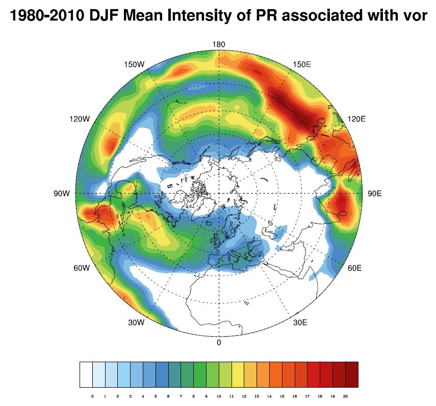 Figure 11A: Lagrangian mean intensity of the Northern Hemisphere precipitation associated with the vorticity at 850hPa storm track pattern (as seen in Fig. 7A) for the DJF season from 1980-2010.