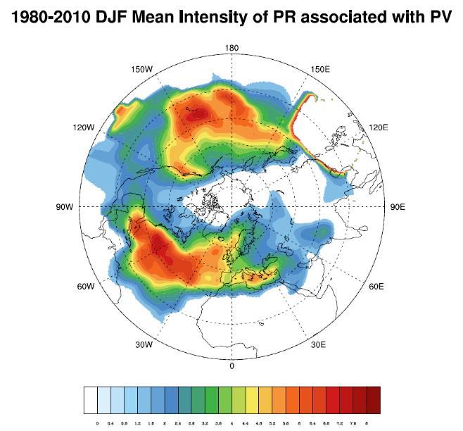 Contour interval is 1.0 mm/day. Figure 11B: Lagrangian mean intensity of the Northern Hemisphere precipitation associated with the potential vorticity at θ=320k storm track pattern (as seen in Fig.