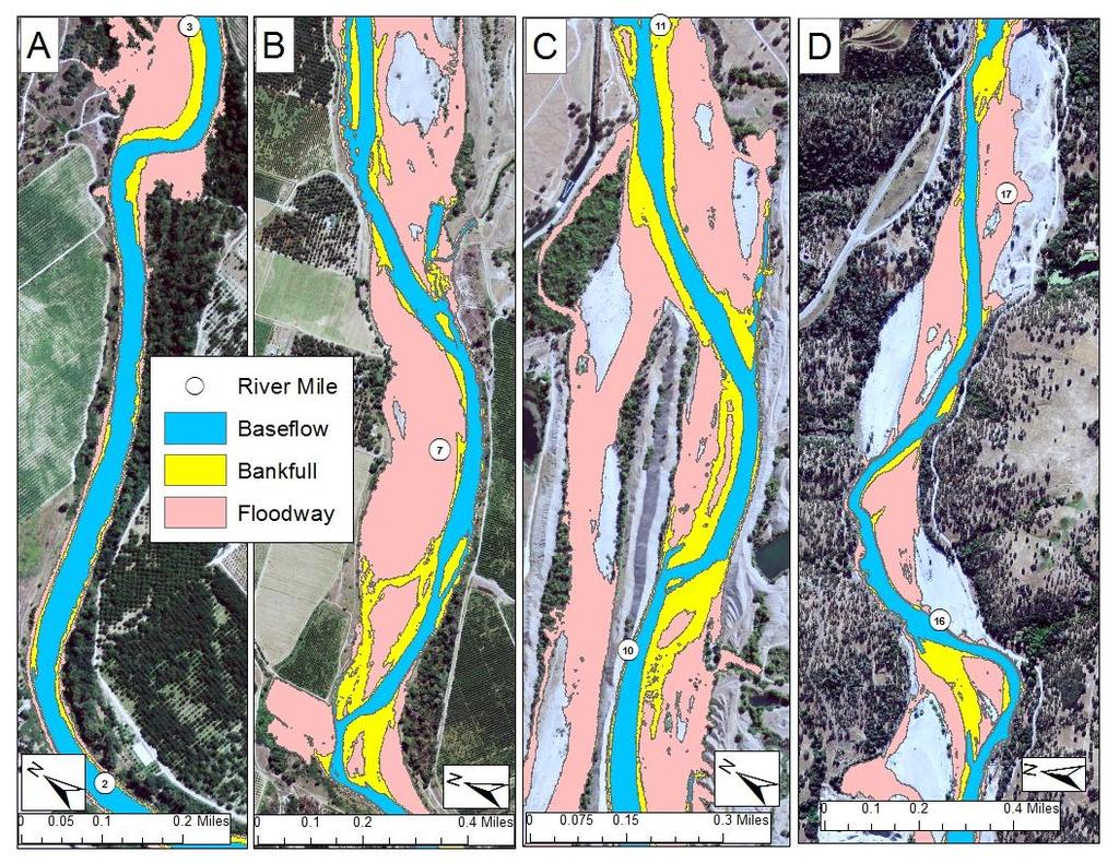 Figure 6. Inundation regions within the LYR. Baseflow is 880 cfs above DPD (RM 11) and 530 cfs below; Bankfull is approximated as 5000 cfs; Floodway is 21,100 cfs.