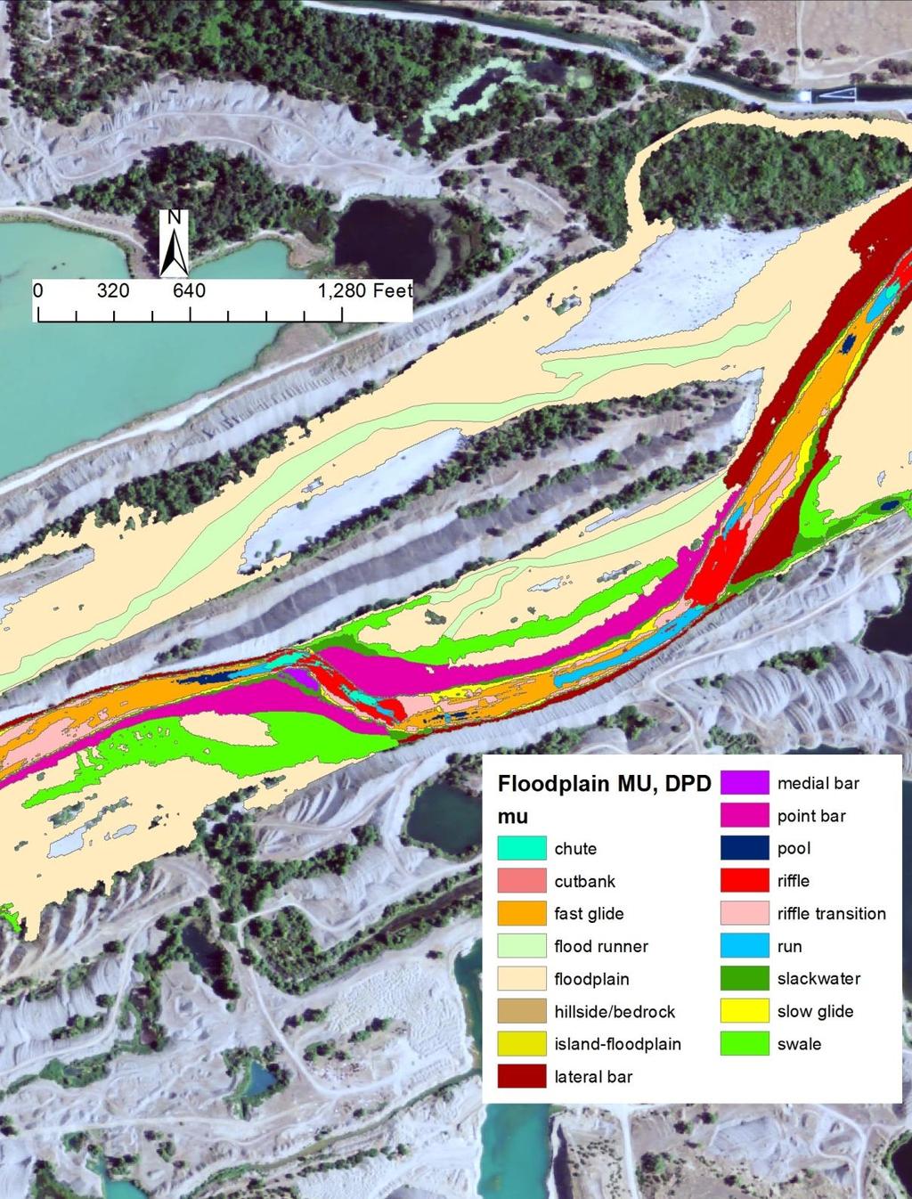 Figure 26. Examples of morphological unit distribution of the In-channel and Floodway types in the DPD Reach just below the Daguerre Point Dam. Base image is 2009 NAIP.