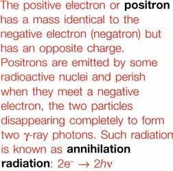 Such radiation is known as annihilation radiation: 2e- -+ 2hv fundamental particles for all chemical purposes. The physical properties of electrons, protons and neutrons are given in Table 1.