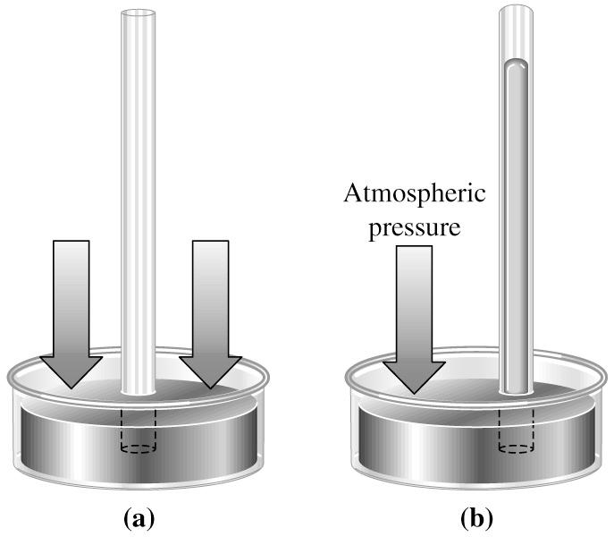 Barometer To measure Atmospheric Pressure On the left the tube is open On the right the tube is closed and a liquid column is supported by the atmospheric pressure: Air pressure equals