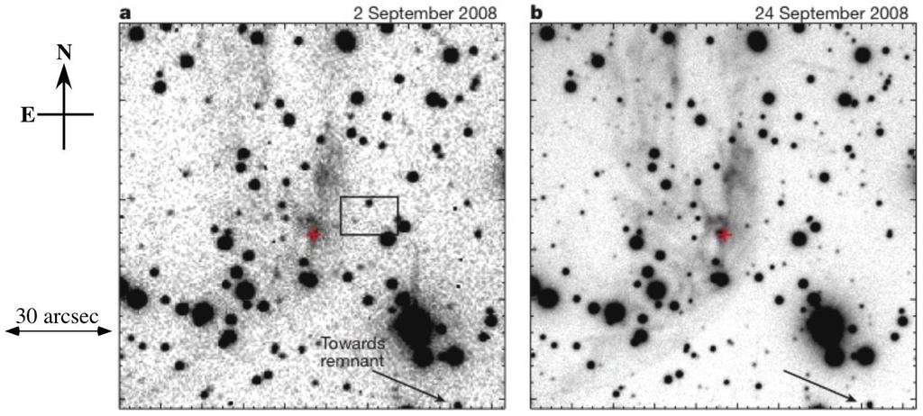 Figure 1: (a) Optical R-band images of the Tycho s supernova light echo taken by Calar Alto 3.5m telescope (black means bright).