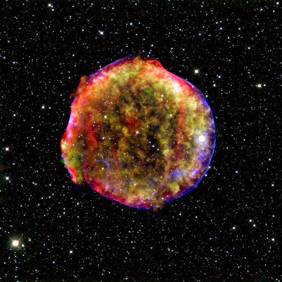 Reference Figure: Wide Field Image of Tycho s Supernova Remnant. (Image is a color composite of Mid-Infrared by Spitzer Space Telescope, Near-Infrared by Calar Alto 3.