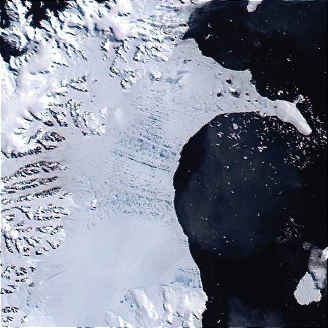 Above, melt ponds cover the area of subsequent break-up; Sliver icebergs, ice-front-parallel At right, blue