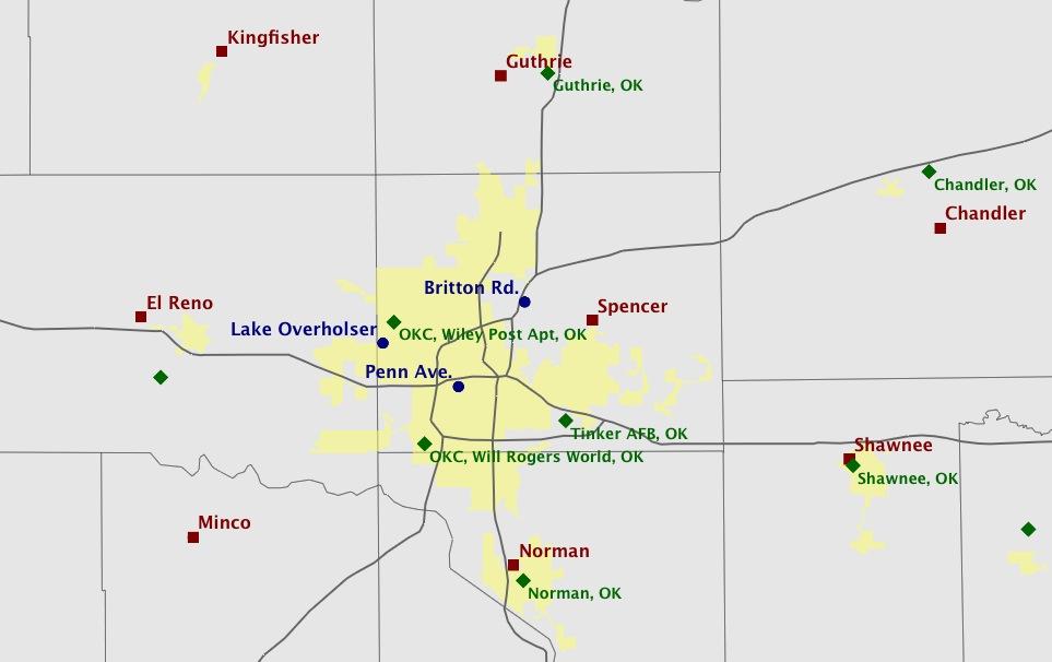 Fig. 1. Oklahoma City RWIS sites (blue dots), Oklahoma Mesonet sites (red squares), and ASOS sites (green diamonds).