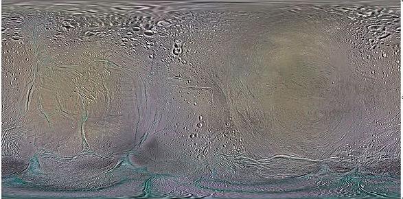 Small moons of Saturn: Enceladus Enceladus is a moon of Saturn with radius ~250 km Its mean surface temperature is extremely low (~ 75 K) not only because the low insolation, but also because of the