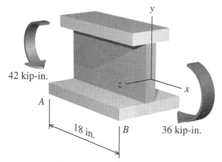 4. (12 points) n 18-inch-long segment of a beam is shown. It is known to have a negative bending moment of 42 kip-in at point and a negative bending moment of 36 kip-in at point B.