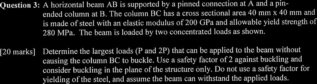 Question 3: A horizontal beam AB is supported by a pinned connection at A and a pinended column at B.