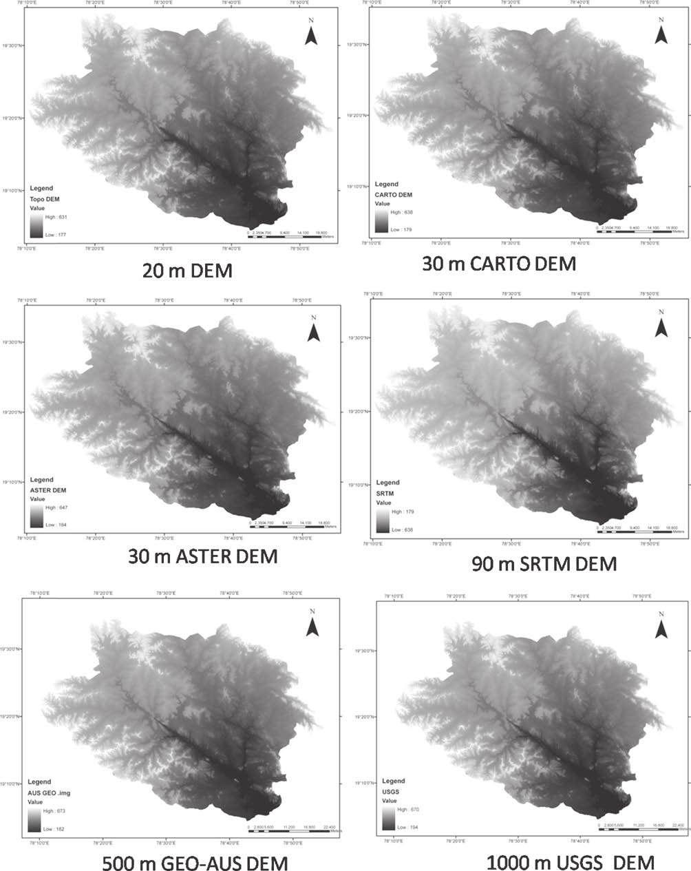 1522 A Sivasena Reddy and M Janga Reddy Figure 2. Digital elevation models of Kaddam watershed with varying resolution from 20 to 1000 m. weather parameters.